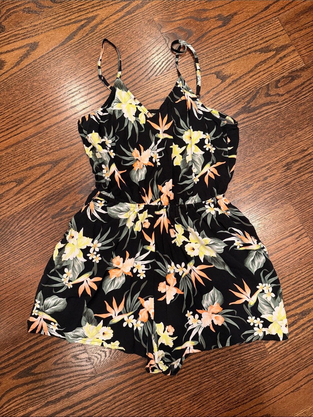 Black Floral Romper with Yellow & Peach Flowers